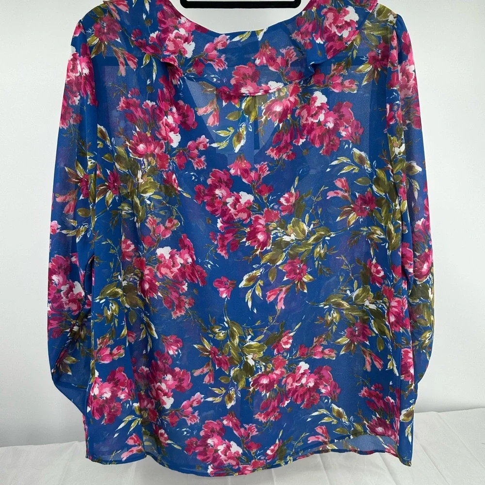Kut From The Kloth Womens Size XL Blue Pink Floral Long Sleeve Ruffle Button Up - Picture 9 of 11